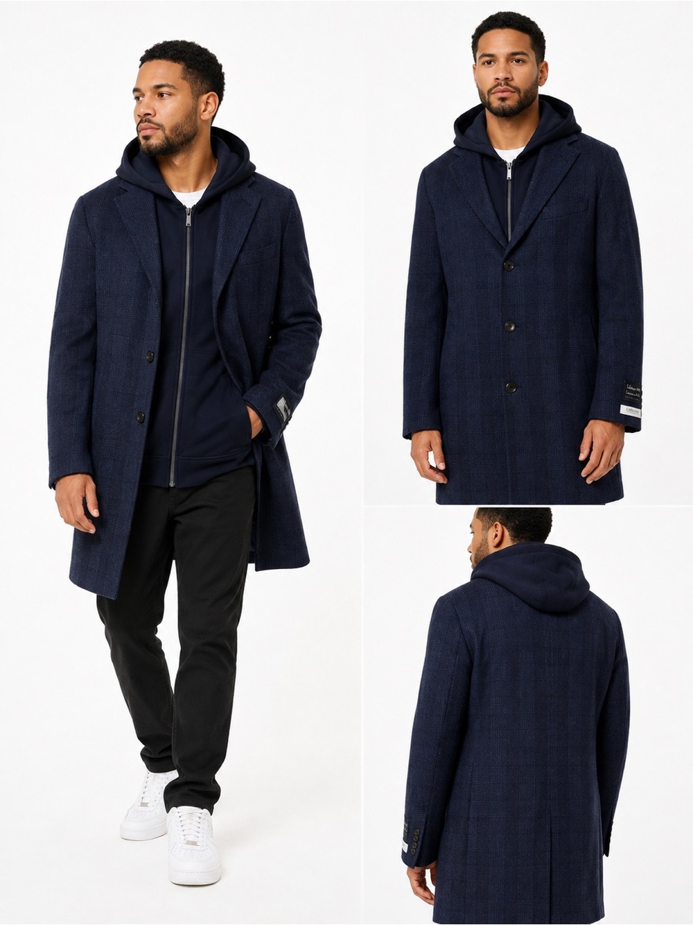 Cardinal of Canada Spencer blue plaid hooded coat, made with Tollegno 1900